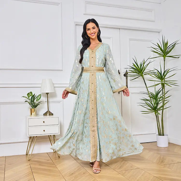 Evening Dress Muslim Flower Gold Stamping Fashion Robe