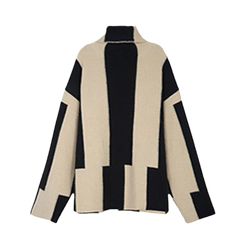 High neck black and white soft knit striped sweater for women