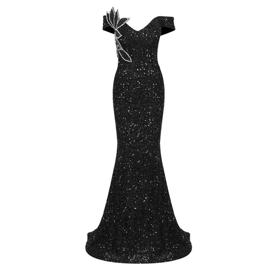 Womens V-Neck Off Shoulder Black Diamante Sequin Evening Gown - Pleasures and Sins   Pleasures and Sins