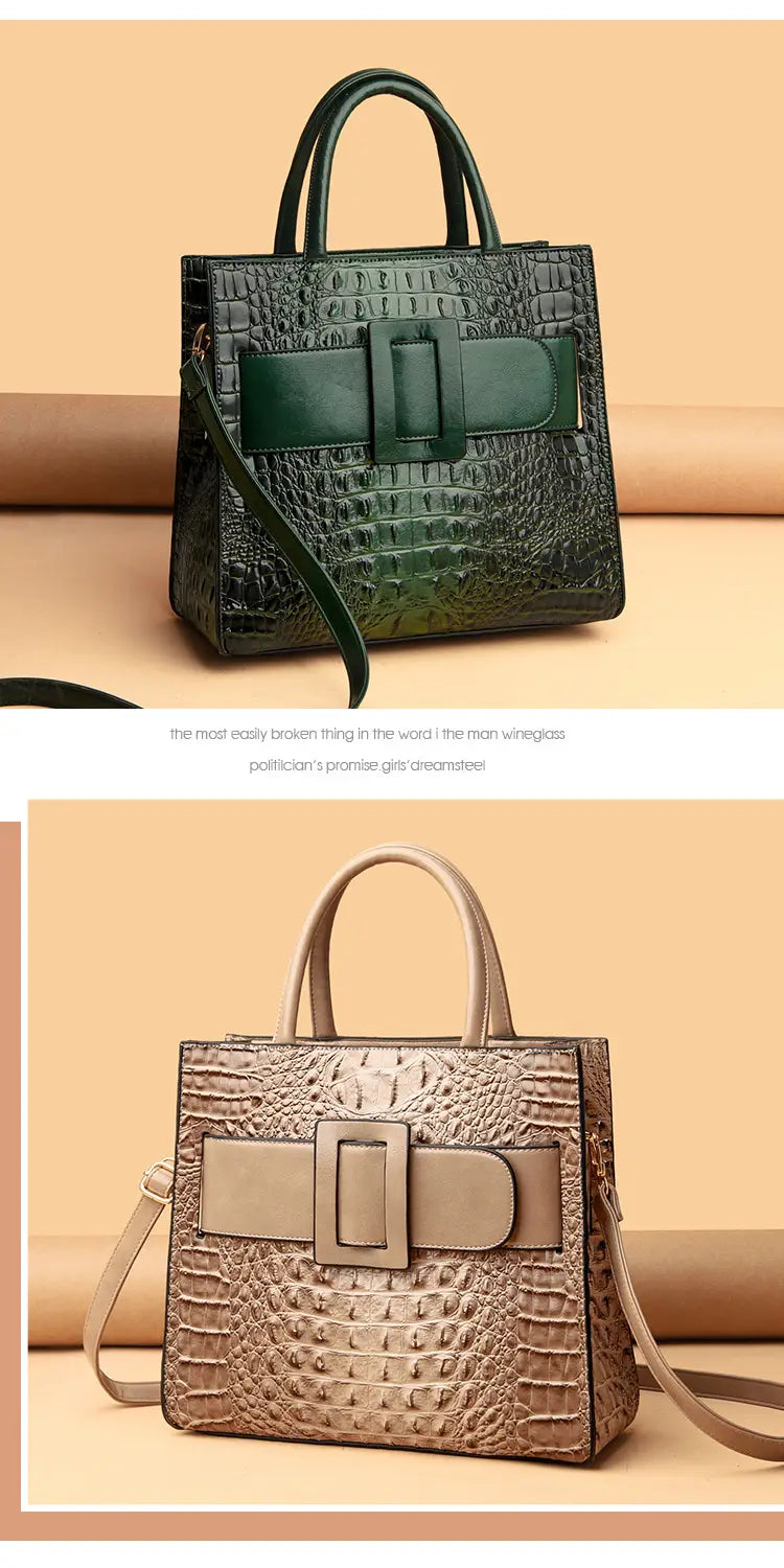 Elegant Womens Crocodile Shoulder Crossbody Tote Bag in green and metallic champagne.