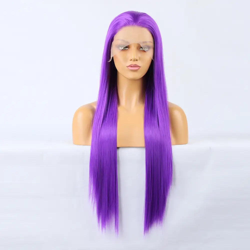 Long straight purple synthetic wig with a center part for a bold look.