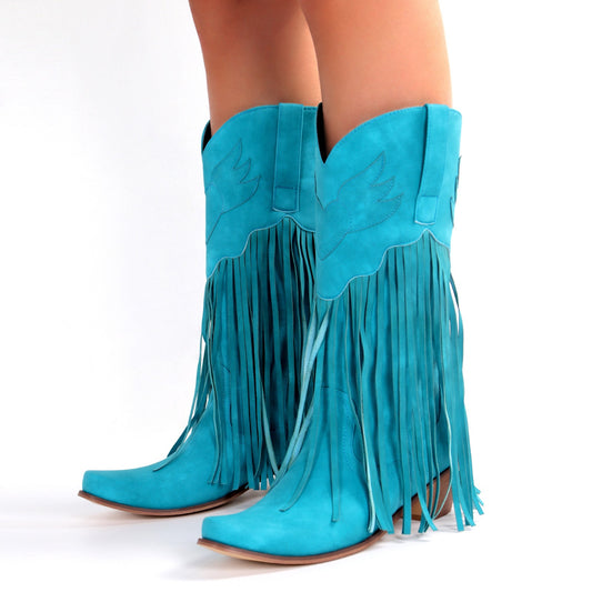 Womens Cowboy Boots Tassel Mid Boots Thick Heel Pointed Toe