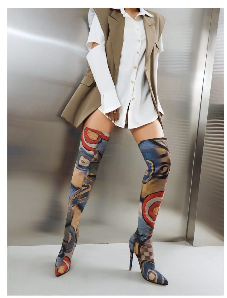 Plus Size Art Graffiti Over Knee Boots Pointed Toe