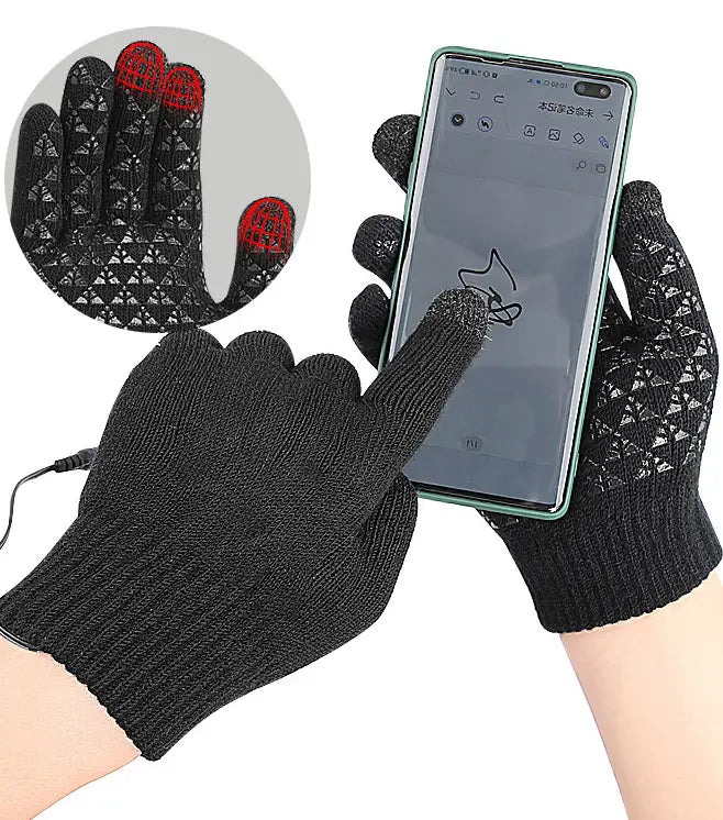 Black knit heated electric gloves with silicone grip patterns for comfy warmth and touchscreen use.