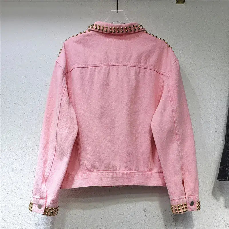 Heavy Rivet Beaded Diamond Pink Denim Jacket Long Sleeve