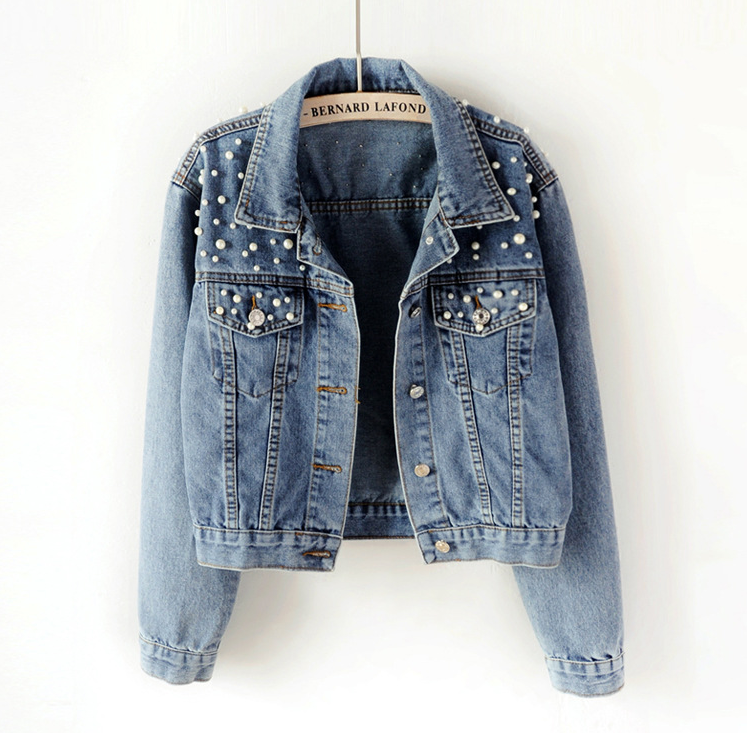 Womens Western Denim Jacket Full Sleeve Loose Button and Pearls - Pleasures and Sins   Pleasures and Sins