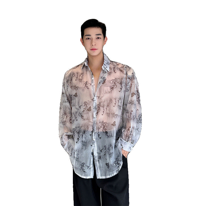 New traditional Chinese style landscape, bamboo flower pattern shaped shirt for men