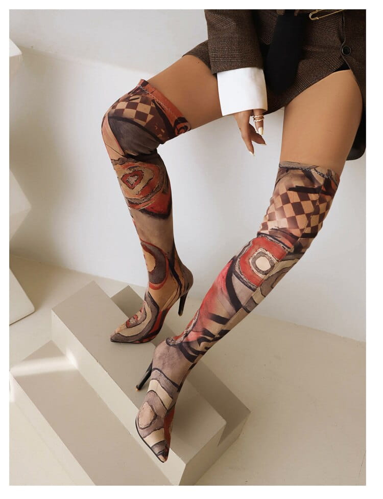 Plus Size Art Graffiti Over Knee Boots Pointed Toe