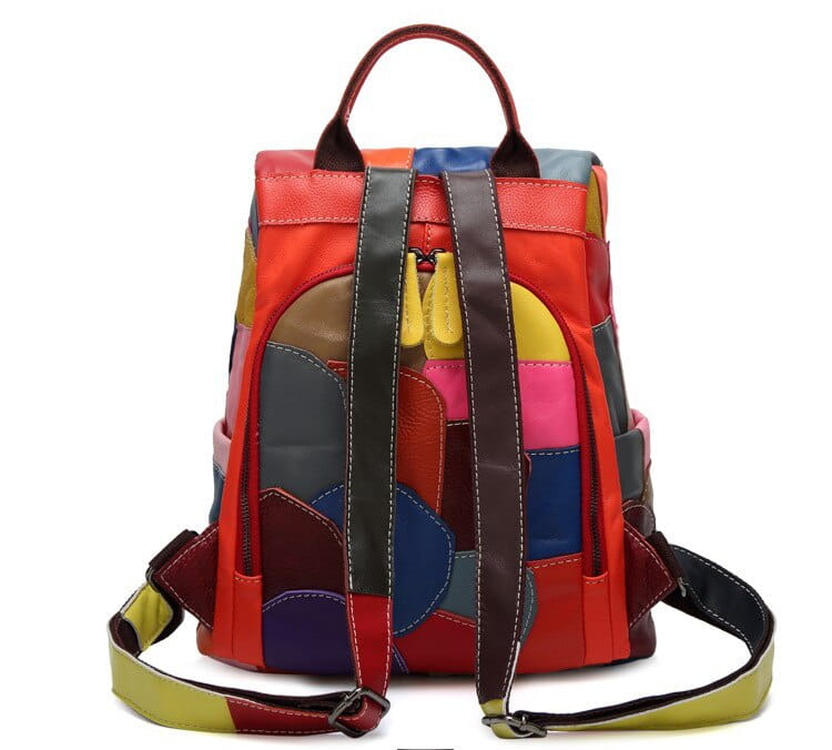 Colorful patchwork leather womens multicolour large capacity backpack with adjustable straps