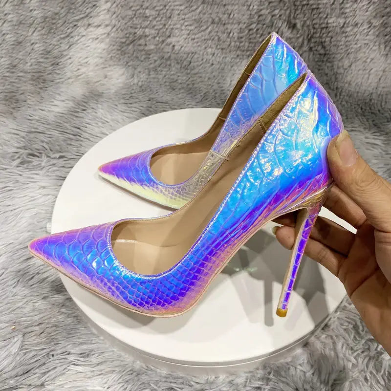 Iridescent holographic stiletto high heels with silver crocodile effect for women.