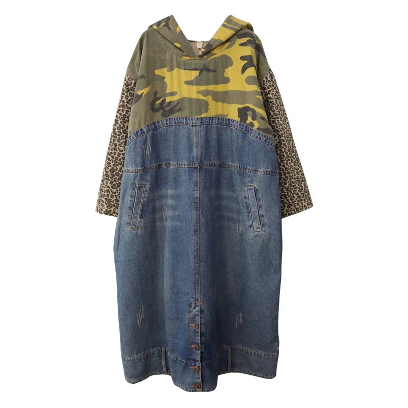 Camouflage Patchwork Denim Hooded cowboy Dress Maxi Baggy Jean Dress - Pleasures and Sins   Pleasures and Sins