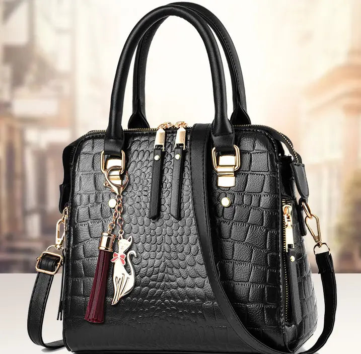 Stylish Ladies Crocodile Print Crossbody Shoulder Bag with Gold Hardware and Tassels