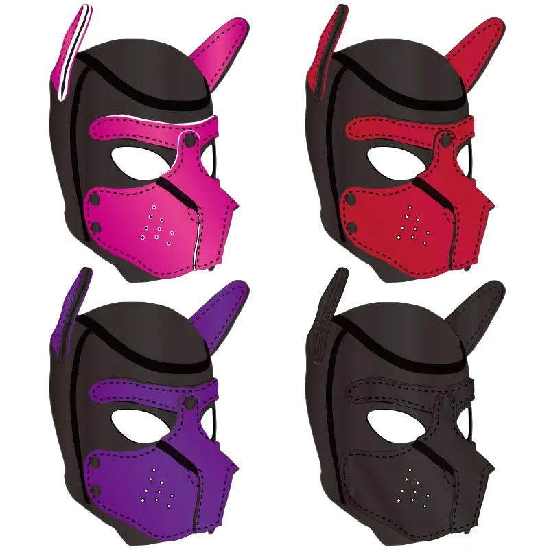 Colorful Neoprene puppy-style BDSM performance masks in pink, red, purple, and black.