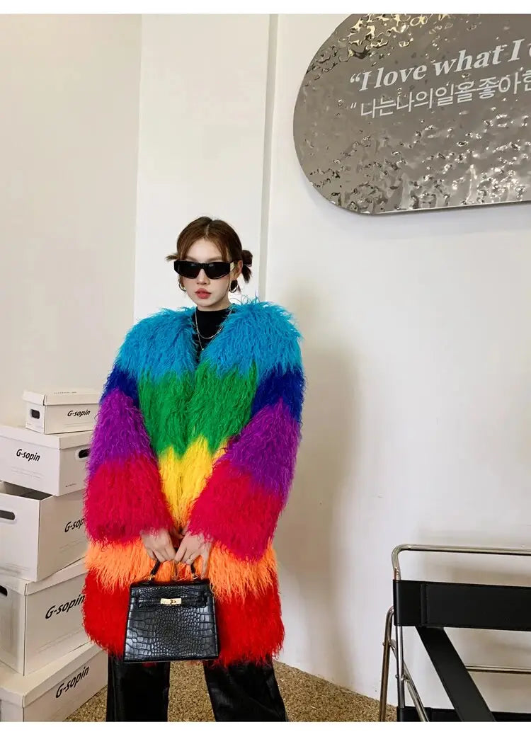 Winter Faux Fur Coat Shaggy Rainbow Outerwear