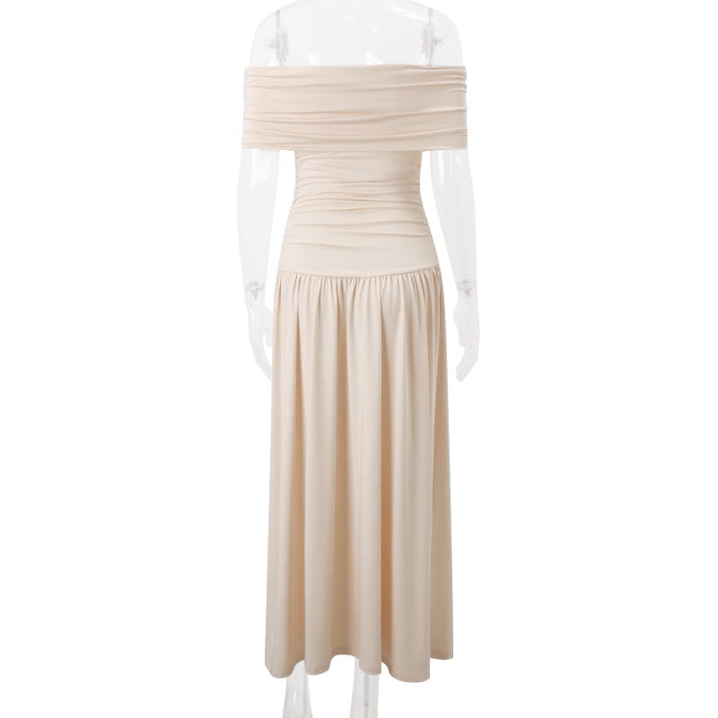 Off-shoulder cream maxi dress with ruched bodice, perfect sexy slim fit pleated strapless look.