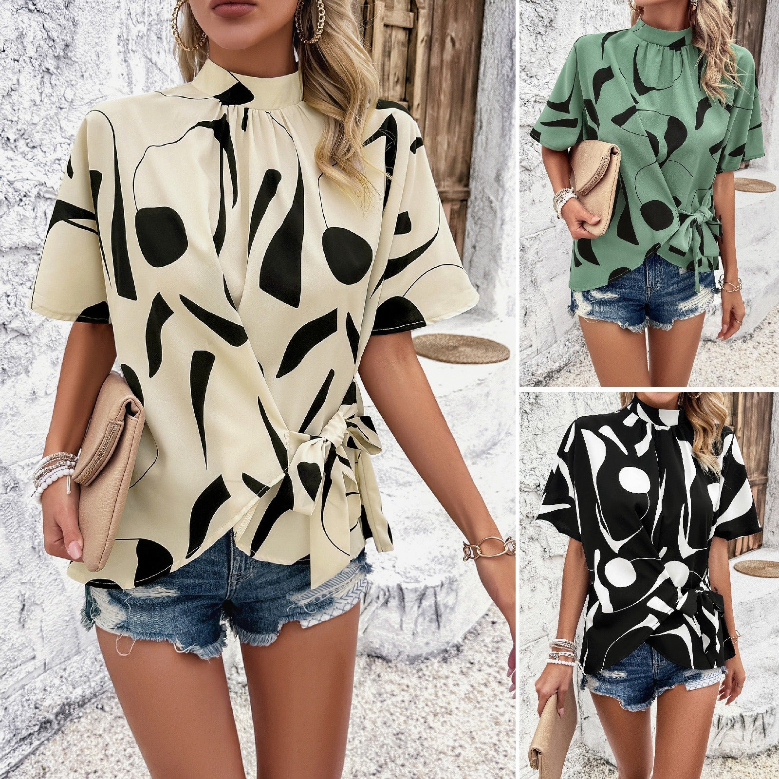 Womens printed short sleeve tie waist casual loose top - Pleasures and Sins   Pleasures and Sins