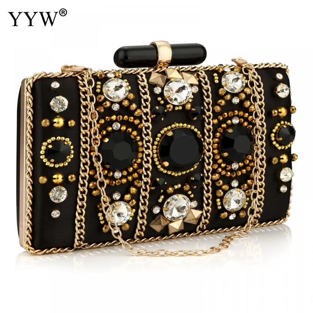 Black Satin Bohemia Style Rhinestone Clutch with Gold Chains and Beaded Detail.