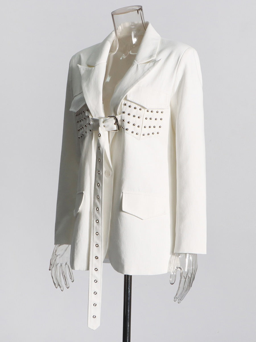 New Design White Long Sleeve Suit Coat for Women with rivet detail and belt - Pleasures and Sins   Pleasures and Sins