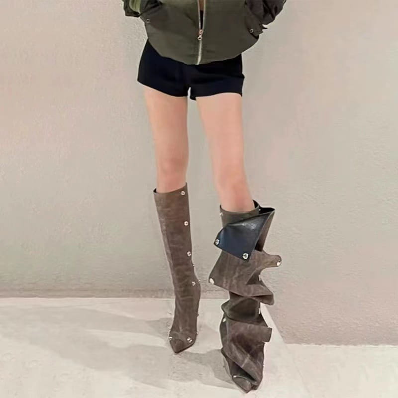 Womens New Punk Style Knee Length Pleated Rivet Western