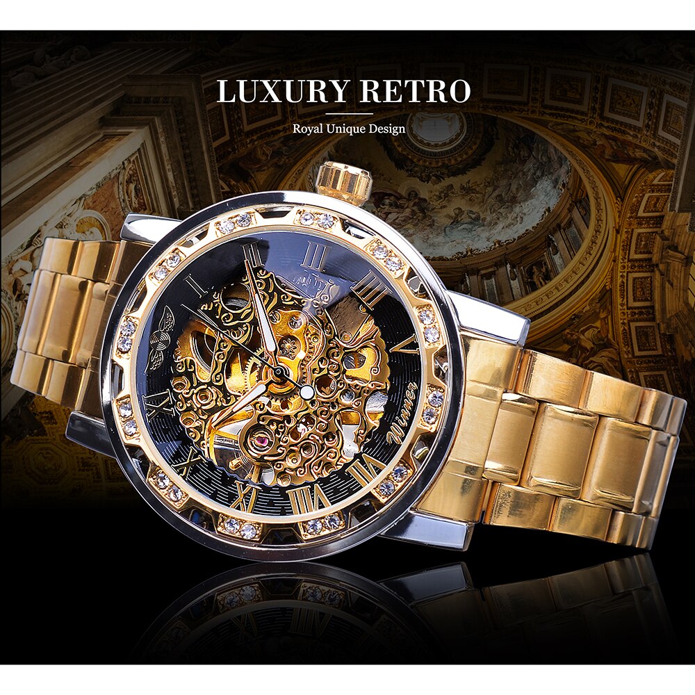 Mens Rhinestone Roman Analog Skeleton Mechanical Stainless Steel Luminous Watch - Pleasures and Sins   Pleasures and Sins