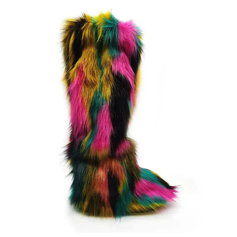 Colorful fluffy snow boots with pink, green, yellow, and black faux fur in a stripe pattern.