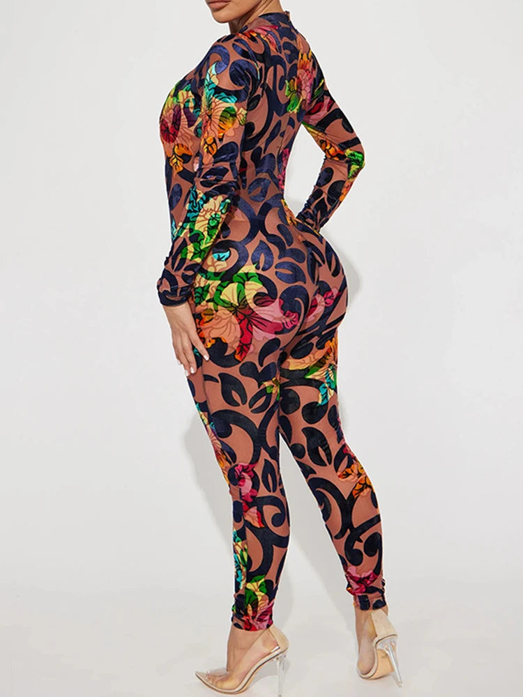 Long sleeved 3D cde printed multi-color patterned Bodycon jumpsuit - Pleasures and Sins   Pleasures and Sins