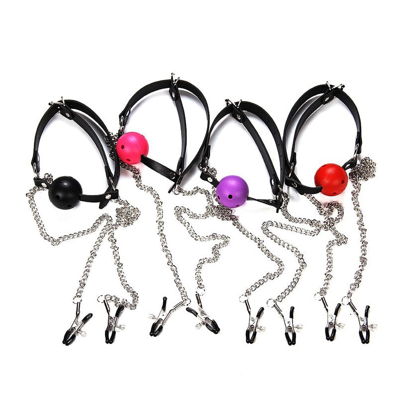 Ball gag With Attached Nipple Clamps For Adult Bondage BDSM Play - Pleasures and Sins   Pleasures and Sins