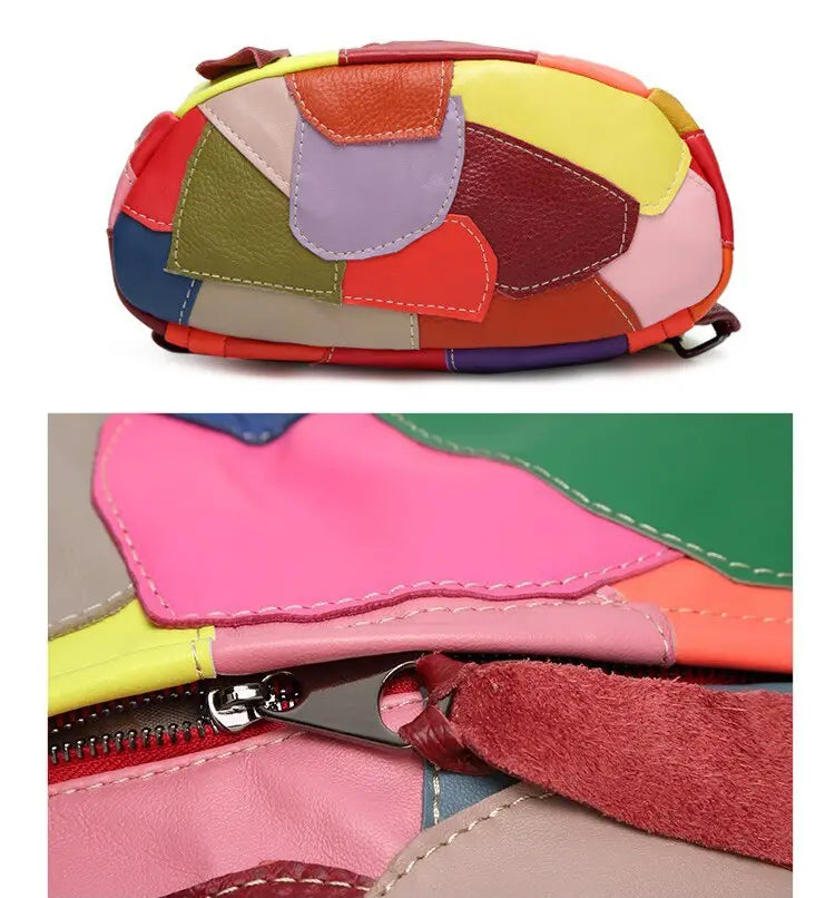 Colorful patchwork leather handbag showcasing genuine leather womens multicolour design.