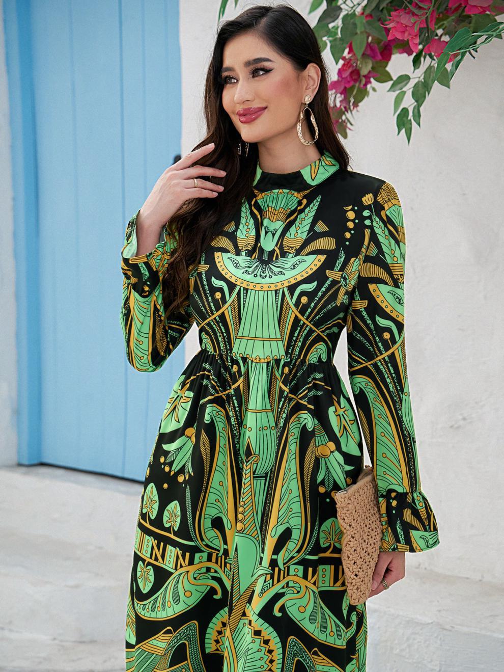 Ladies Middle Eastern Casual Round Neck Printed Long Sleeve Dress