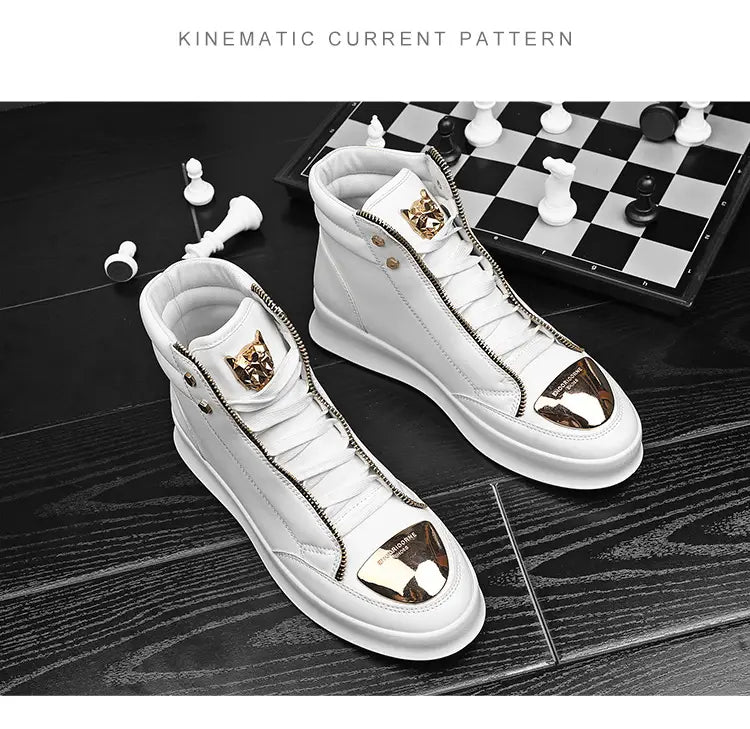 White high-top casual street boots with gold accents and trendy tiger detail.