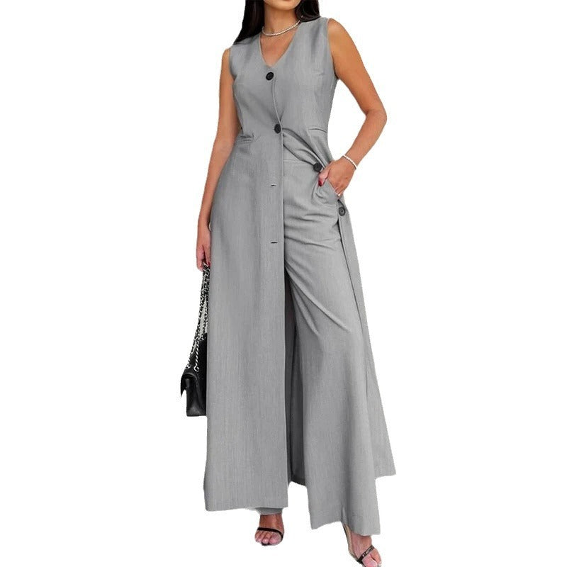 Solid color sleeveless long shirt dress with wide leg pants