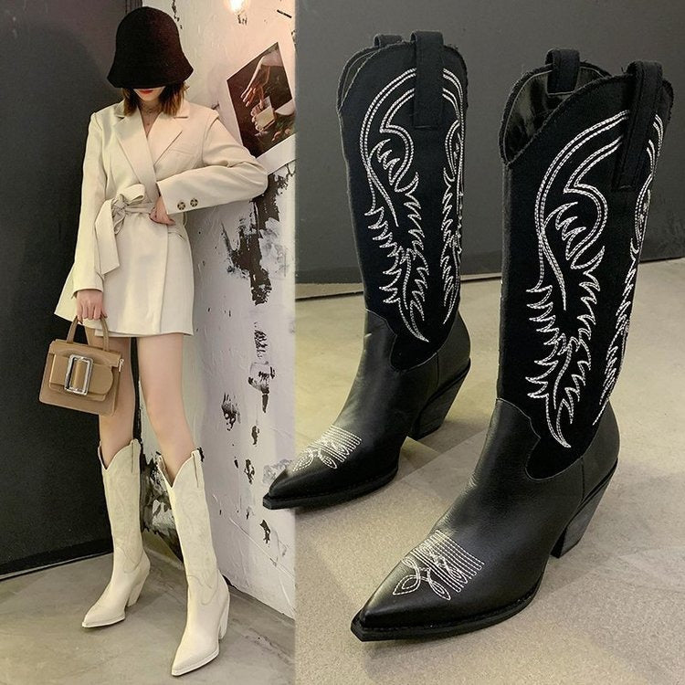 Womens PU Leather Pointed Toe Western Cowboy Boots Chunky Heel