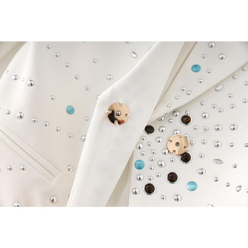 Ladies white rhinestone slim fit one button long sleeved suit jacket