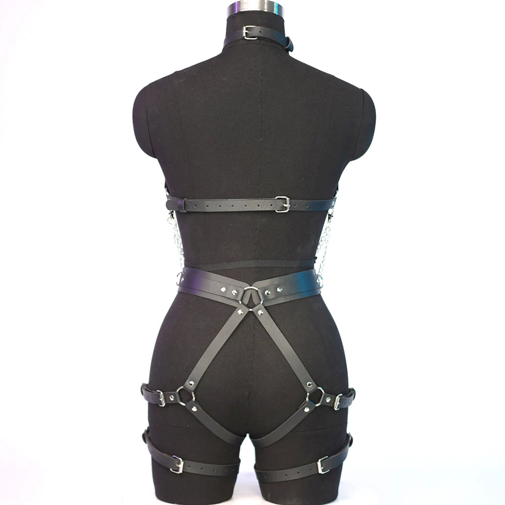 Ladies Chest chain for women wearing adjustable leather S&M harness - Pleasures and Sins   Pleasures and Sins