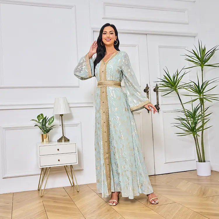 Evening Dress Muslim Flower Gold Stamping Fashion Robe