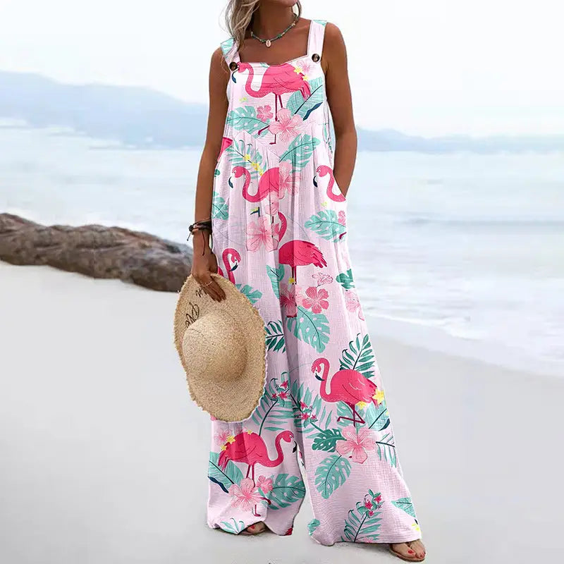 Sleeveless Women’s Vintage Print Square Neck Jumpsuit with pink flamingos and palm leaves