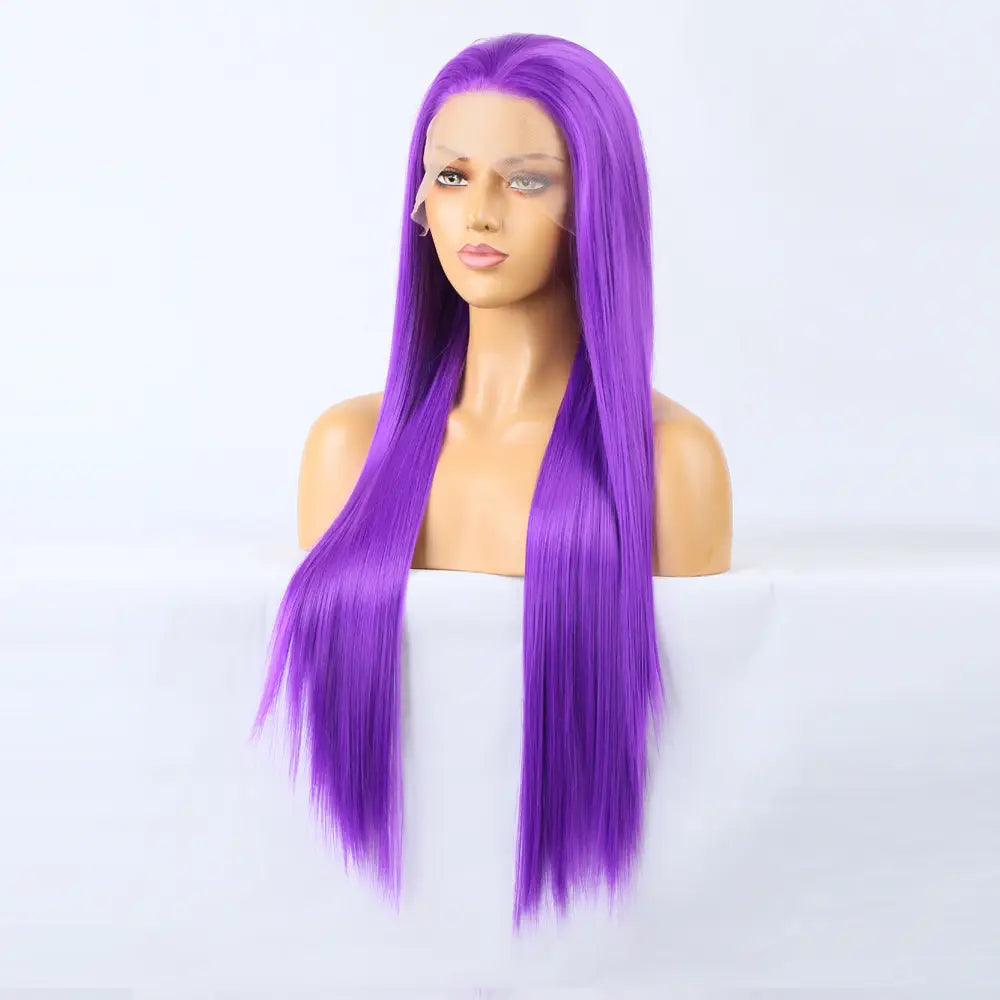 Vibrant long straight purple synthetic lace front wig for a bold look.