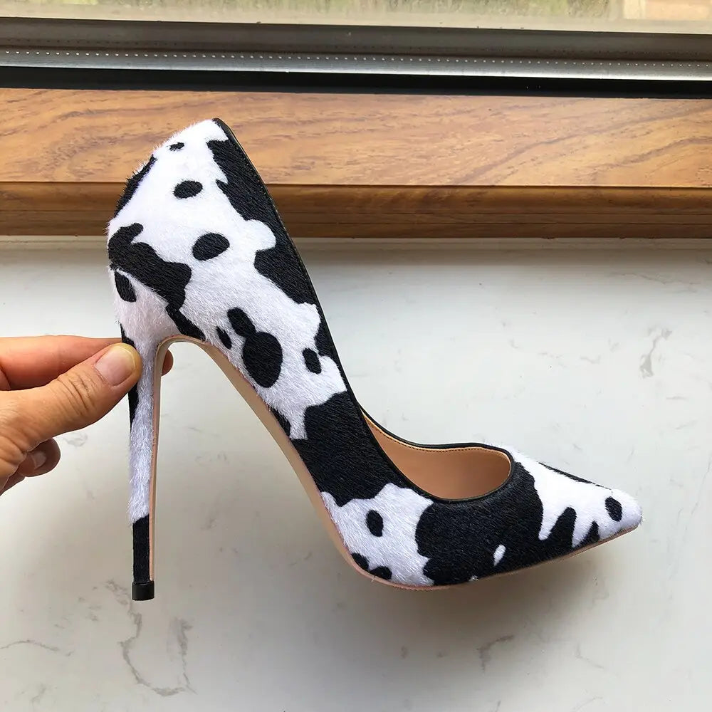 Cow Print Hairy Flock Pointed Toe High Heels with bold black and white design.