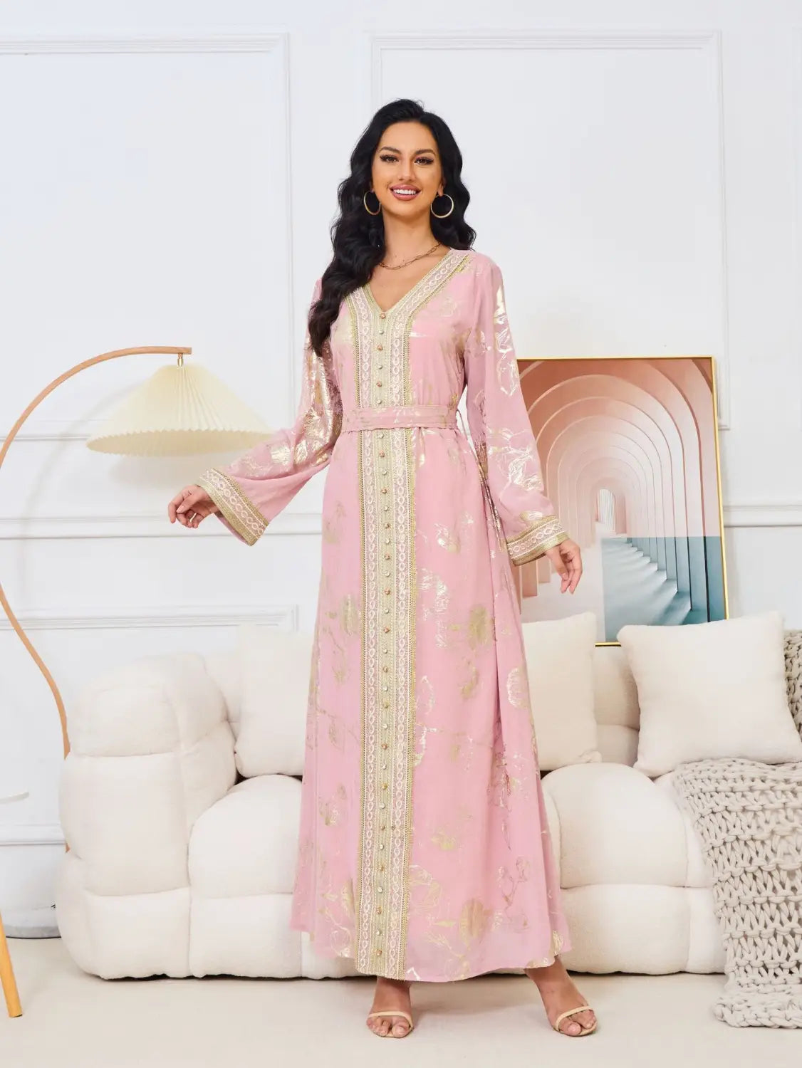 Muslim Womens Dress New Pink Stamped Fashion Party Robe