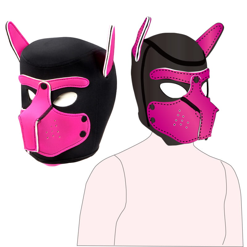 Black and hot pink neoprene puppy-style BDSM performance mask with pointed ears.