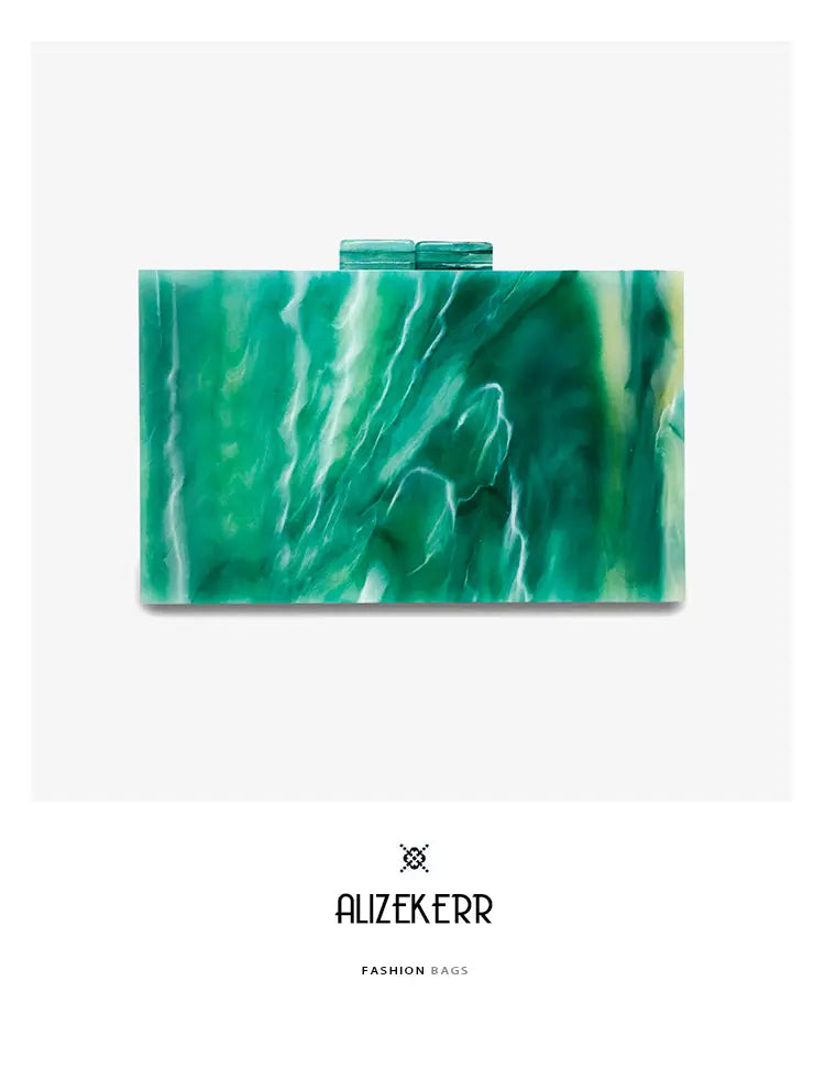 Emerald Green Marbled Acrylic Box Evening Handbag Luxury Designer Style with chic geometric lines.