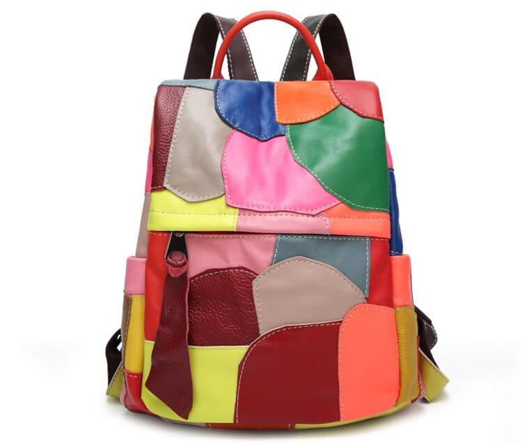 Colorful patchwork leather backpack showcasing genuine leather womens multicolour style.