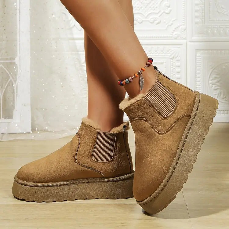 Tan suede ankle boot with platform sole and elastic panels in Womens Short Plush style.