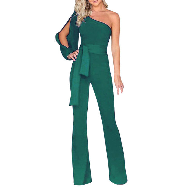 Womens Summer Casual Long Sleeve One Shoulder Wide Leg Jumpsuit - Pleasures and Sins   Pleasures and Sins