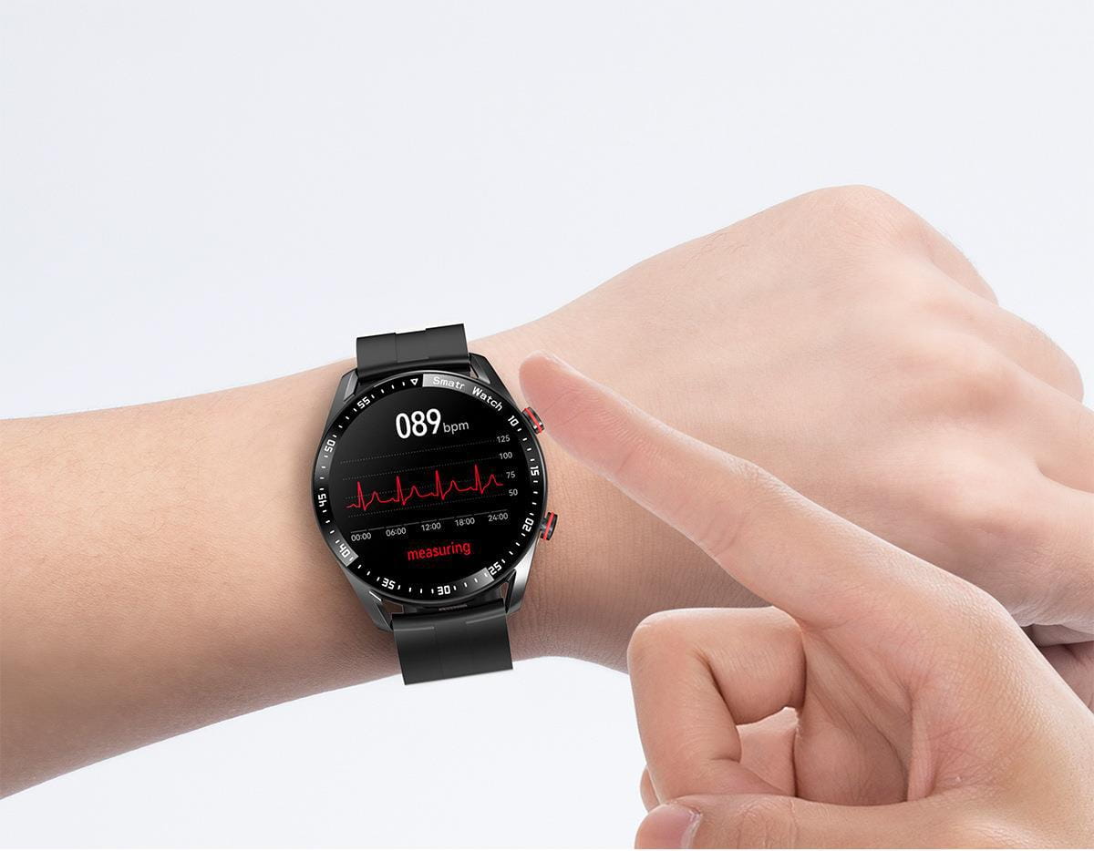 Black smartwatch with heart rate display from Sleek Stainless Steel Smart Watch ECG+PPG.