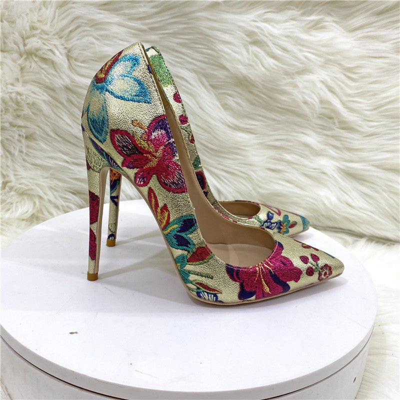 Gold Embroidered Floral High Heel Shoes - Pleasures and Sins   Pleasures and Sins