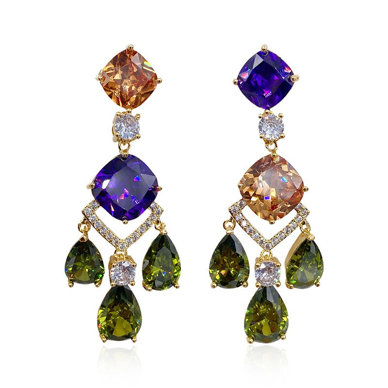 Droplet sparkling crystal Baroque color block long earrings