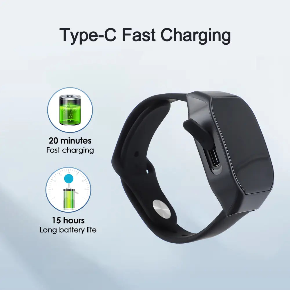 Black smartwatch with Type-C fast charging and 15-hour battery for EMS pulse therapy hand wear sleeping aid.