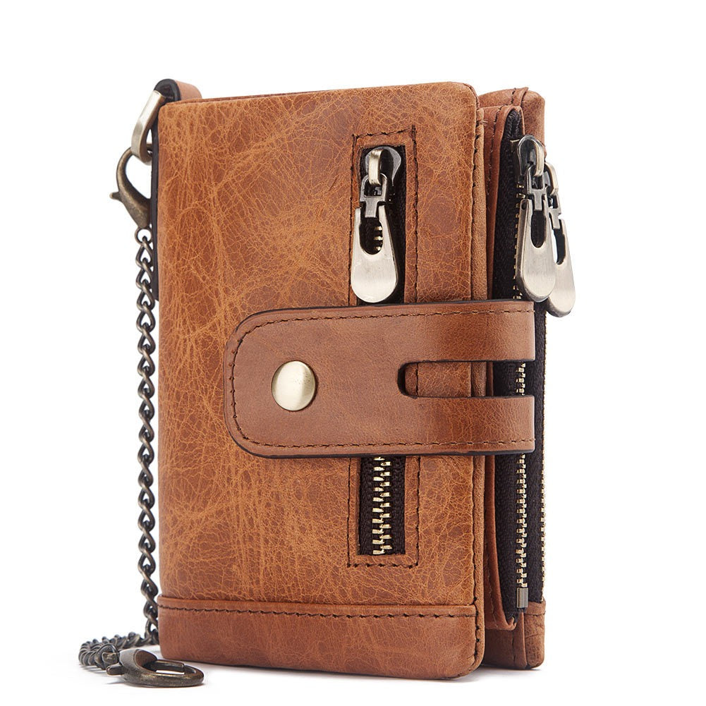 Mens short genuine leather wallet with zip and chain detail - Pleasures and Sins   Pleasures and Sins