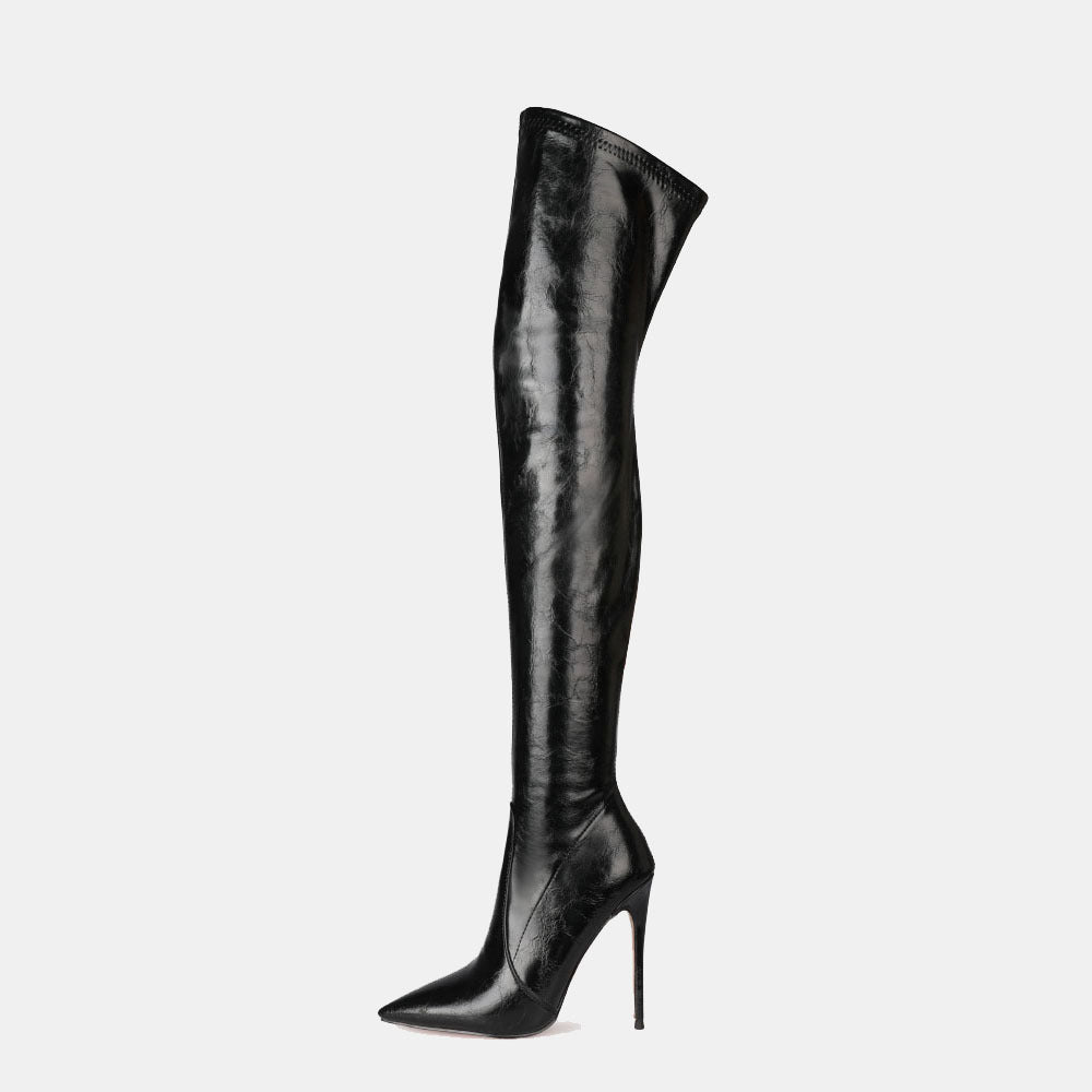 New Black Sexy Thin High Heel Thigh Length Pointed Toe Boots - Pleasures and Sins   Pleasures and Sins